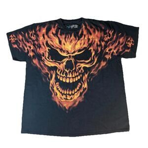 Liquid Blue Flaming Skull AOP T-Shirt Mens XL Black Orange Flames Skeleton 2008